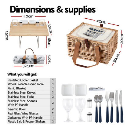 Alfresco 4 Person Picnic Basket Set with Table Blanket Cooler Wooden Insulated