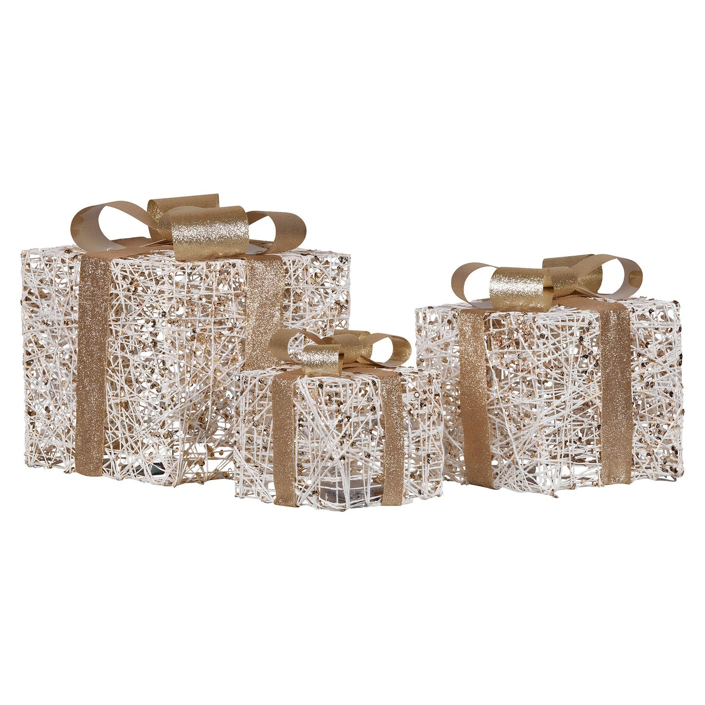 Christabelle Set of 3 Battery Operated Golden Christmas Gift Boxes w/Warm White LED Lights Indoor Decorative Holiday