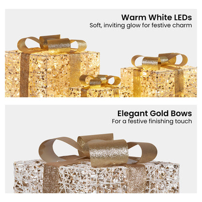 Christabelle Set of 3 Battery Operated Golden Christmas Gift Boxes w/Warm White LED Lights Indoor Decorative Holiday