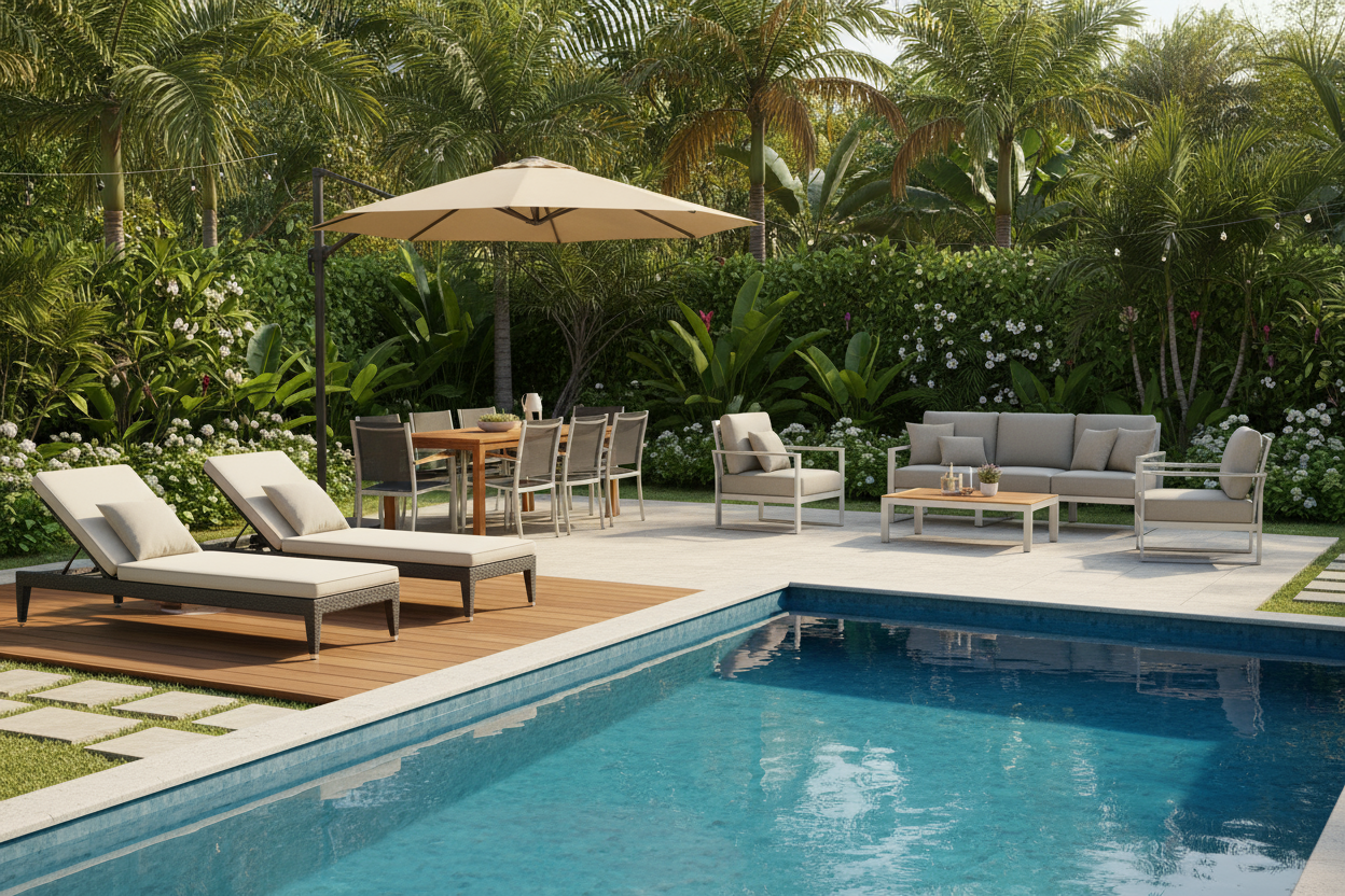 Beautiful backyard with swimming pool, gardeon sun lounges, and some gardeon outdoor furniture