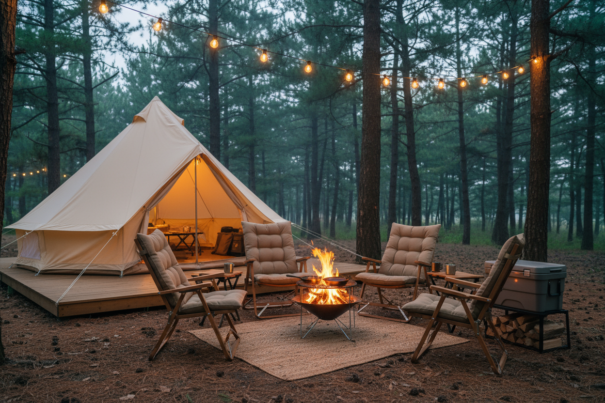 Beautiful camping setup with a tent, some camping chairs, and a grillz fire pit